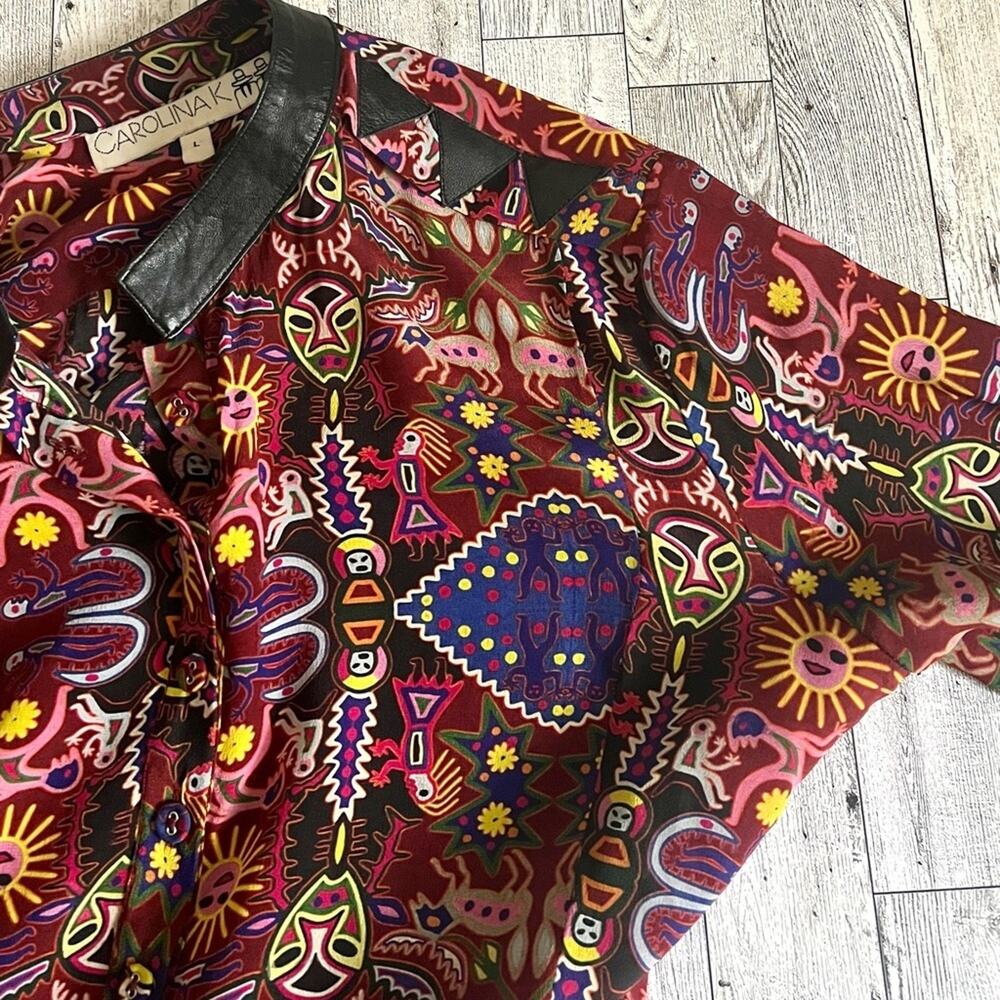 Anthropologie Carolina K Womens Silk Crepe Leather Tribal Averil Mini Dress Sz L - Picture 13 of 14